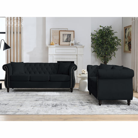 [Video] 80" Chesterfield Sofa Black Velvet for Living Room, 3 Seater Sofa Tufted Couch with Rolled Arms and Nailhead for Living Room, Bedroom, Office, Apartment, 3S+2S