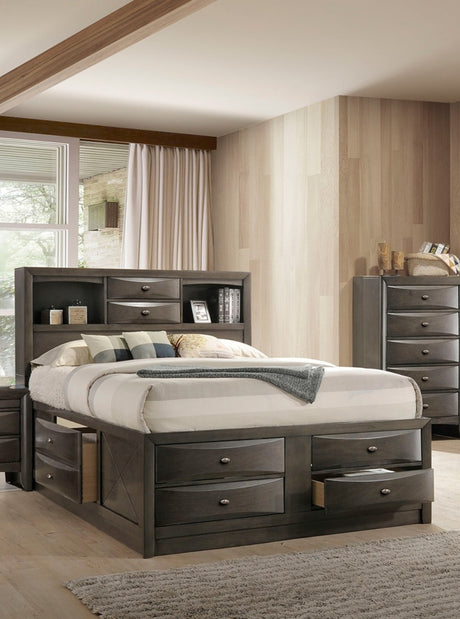 Contemporary Eastern King Size Bed 2x Nightstands Headboard Bookcase Gray Color 3pc Set Bedroom Furniture - sold by Home Elegance USA