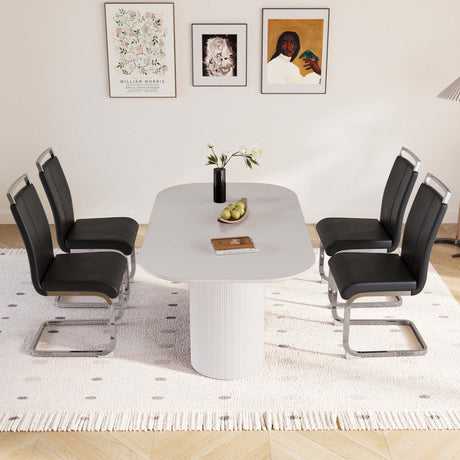 63 'medieval modern cream style MDF dining table and PU armless dining chair set 4. Assemble Desktop and Silver plated metal leg dining chair set, suitable for home&kitchen - sold by Home Elegance USA