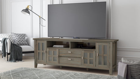 Artisan 72 inch Wide Solid Wood TV Stand in Distressed Grey For TVs up to 80 inches - sold by Home Elegance USA