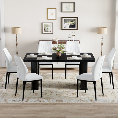 Table and chair set.64.5 x 35.4 Inch Stylish Black Wood Color Textured Dining Table.Paired with 6 Black - and - White PU Dining Chairs with Shell - pattern. Exudes A Strong Sense Of Fashion. - sold by Home Elegance USA