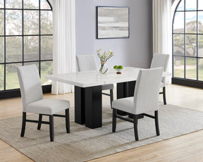5pc Dining Set White Rectangular Marble-like Tabletop Dark-finished Base Upholstered Chairs Soft Wooden Dining Room Furniture - sold by Home Elegance USA