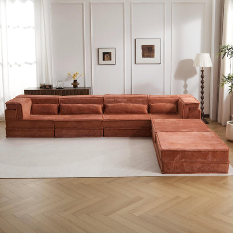 Compression Mahjong Sofa,Convertible Floor Sofa Bed,DIY Boneless Modular Sectional Sofa,No Assembly Required,Circle fleece fabric,Oversized 4 Seater with 2 Ottoman,Orange - sold by Home Elegance USA