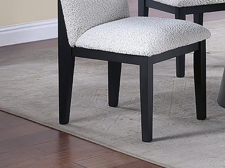 Dining Table 4x Side Chairs White Finish Fabric Black Round Table w Cone Base 5pc Dining Set Plush Seat - sold by Home Elegance USA