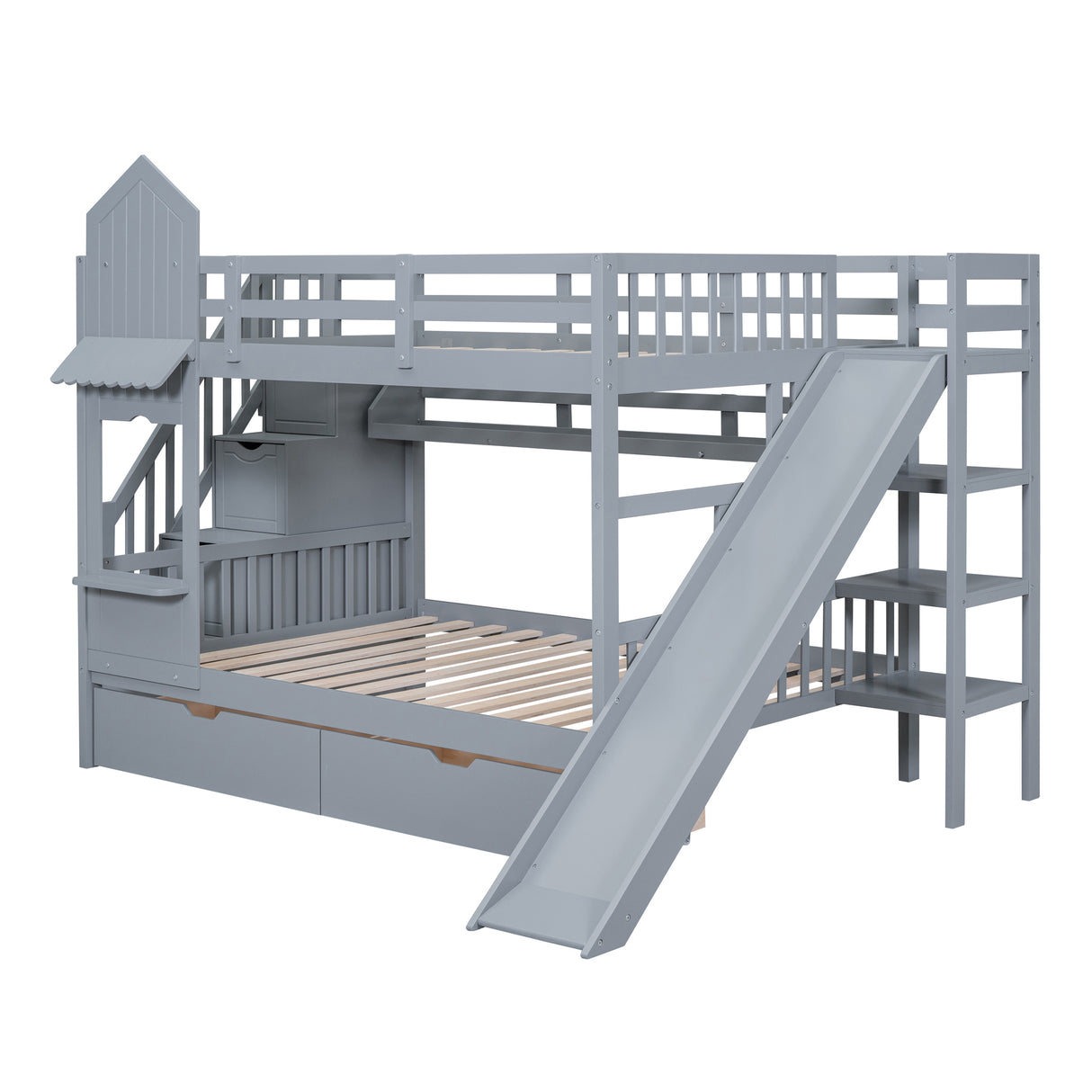 Full-Over-Full Castle Style Bunk Bed with 2 Drawers 3 Shelves and Slide - Gray - Home Elegance USA