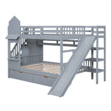 Full-Over-Full Castle Style Bunk Bed with 2 Drawers 3 Shelves and Slide - Gray - Home Elegance USA