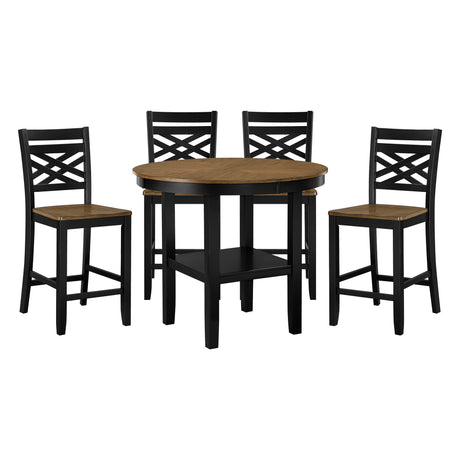 5pc Counter Height Dining Set Round Table with Storage and 4 Counter Height Chairs 2-Tone Black and Brown Finish Wooden Furniture - sold by Home Elegance USA