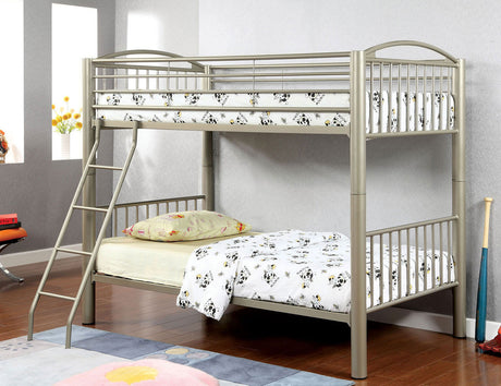 Contemporary Style Twin Over Twin Metal Structure Bunk Bed Movable Ladder Rails Convert Into Two Beds Metallic Gold