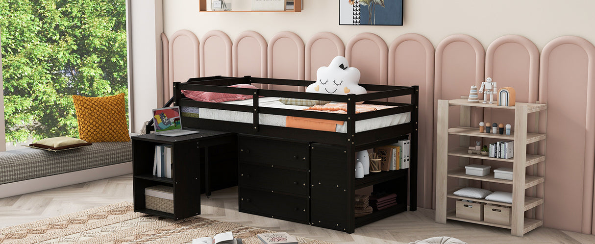 Twin Size Loft Bed with Retractable Writing Desk and 3 Drawers, Wooden Loft Bed with Storage Stairs and Shelves, Espresso - Home Elegance USA