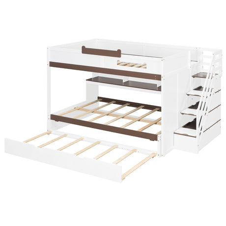 Full Over Full Bunk Bed with Twin Size Trundle and Staircase, Shelves, LED,White - sold by Home Elegance USA