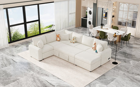 Cream Tweed Chenille Sectional Sofa with Pull-out Bed and Storage Ottoman, 112.2' for Living Room - sold by Home Elegance USA