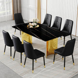 Conjunto de mesa y sillas. La mesa tiene un tablero de cristal con adhesivos imitación mármol y patas doradas de acero inoxidable. Se complementa con 8 sillas con cojines de respaldo de poliuretano y patas negras. W1151S01539