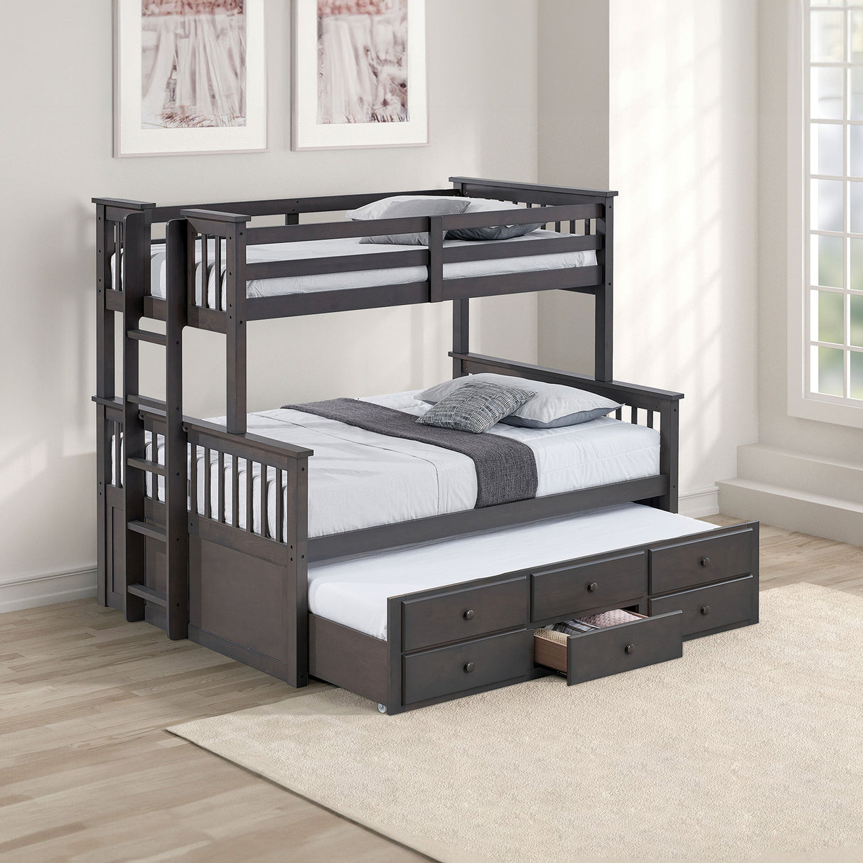 Transitional Twin Over Full Bunk Bed With Ladder And Underbed Drawers, Grey Mix