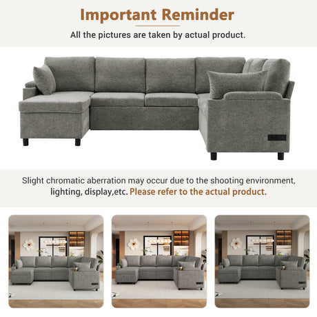 Versatile Light Grey Chenille Sectional Sofa Bed with Storage, Cup Holders & Charging Ports, 109.9' - sold by Home Elegance USA