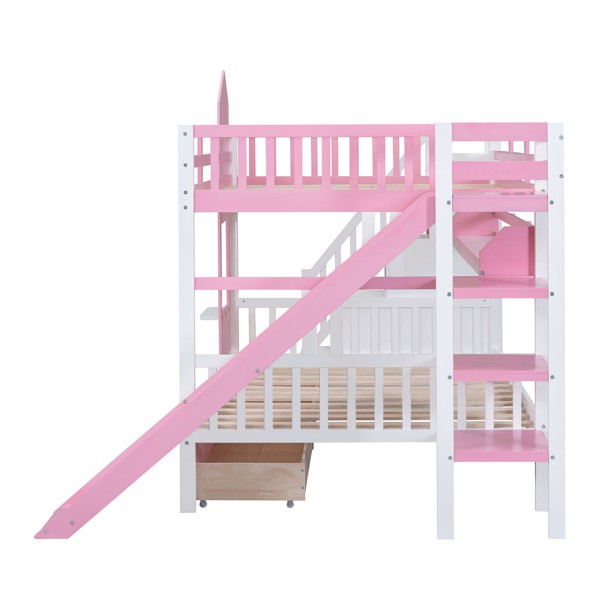 Full-Over-Full Castle Style Bunk Bed with 2 Drawers 3 Shelves and Slide - Pink - Home Elegance USA