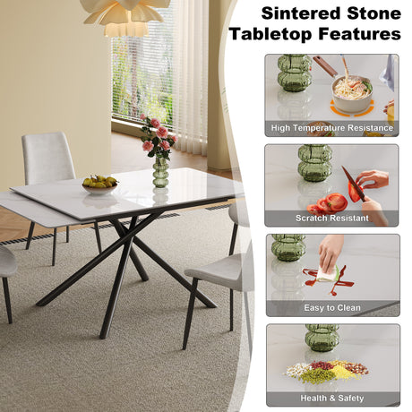 Modern Retractable Sintered Stone Dining Table Set with Black Carbon Steel Legs, Includes 8 Chairs - sold by Home Elegance USA