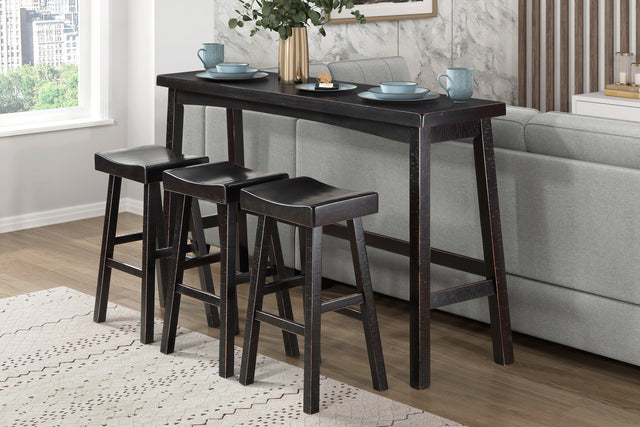 Transitional 4-Piece Pub Height Set, Table and Bar Stools Black Finish Solid Rubberwood Furniture