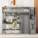 Twin size Loft Bed with Bookshelf,Drawers,Desk,and Wardrobe-Gray - Home Elegance USA