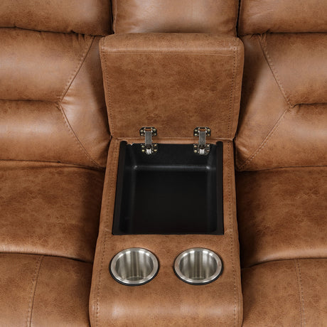 Contemporary Saddle Brown Leatherette 2pc Sectional Sofa Set Console Cup Holder Chaise Storage Recliners Adjustable Back Rest Living Room - sold by Home Elegance USA
