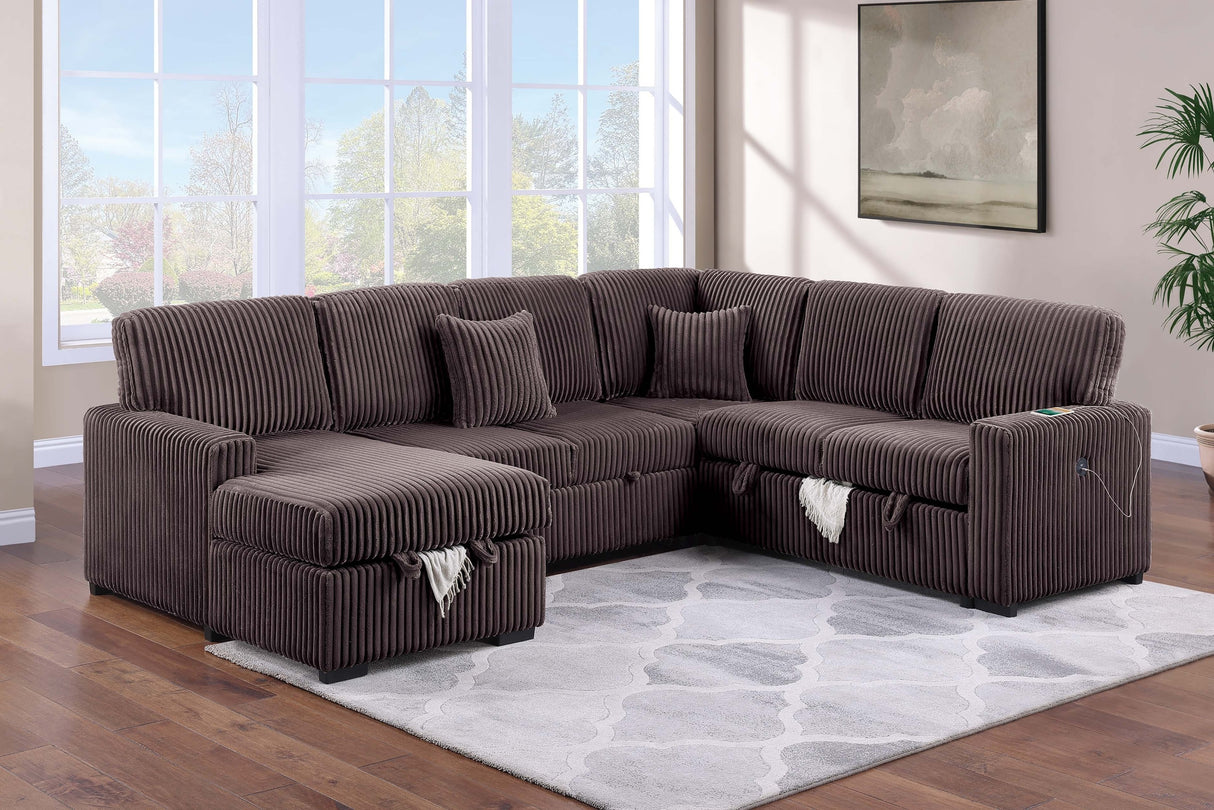 Chocolate Finish Modern Style 4pc Convertible Sectional Set USB Port Sofa Storage Reversible Sleeper Corduroy Fabric Primary Living Room