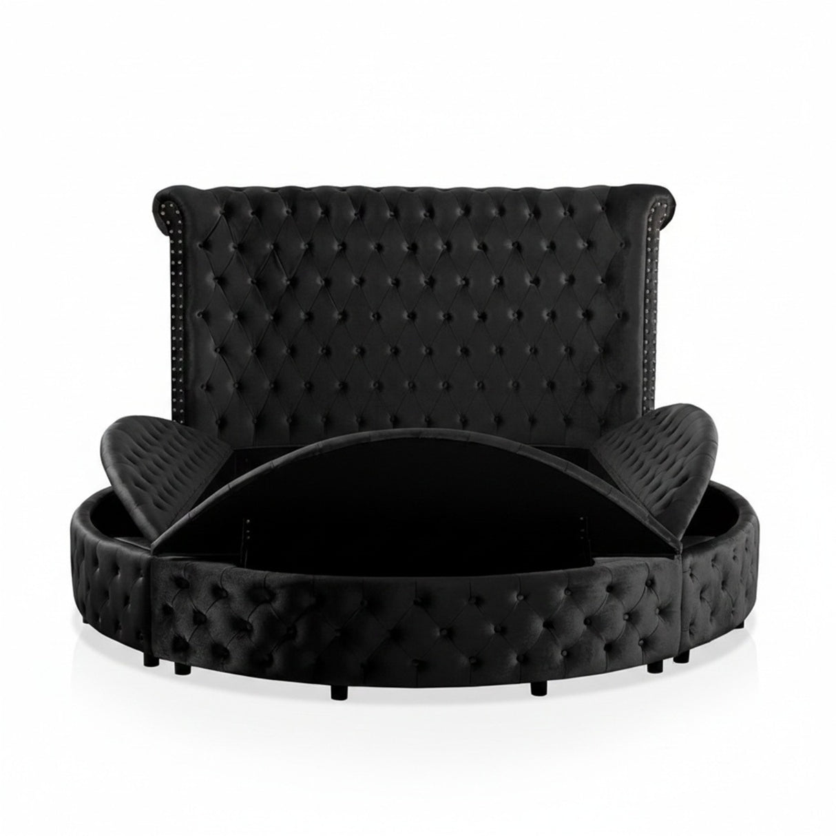 Glam Round Bed with Wingback Design in Black Velvet-Like Fabric, Button-Tufted, USB Charging, Eastern King Size