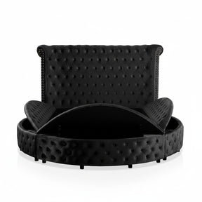 Glam Black Velvet-Like Acrylic Button-Tufted Wingback Queen Size Round Bed with Storage and USB Ports