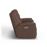 Arlo Transitional Leather Power Reclining Loveseat, Console & Power Headrests | Flexsteel