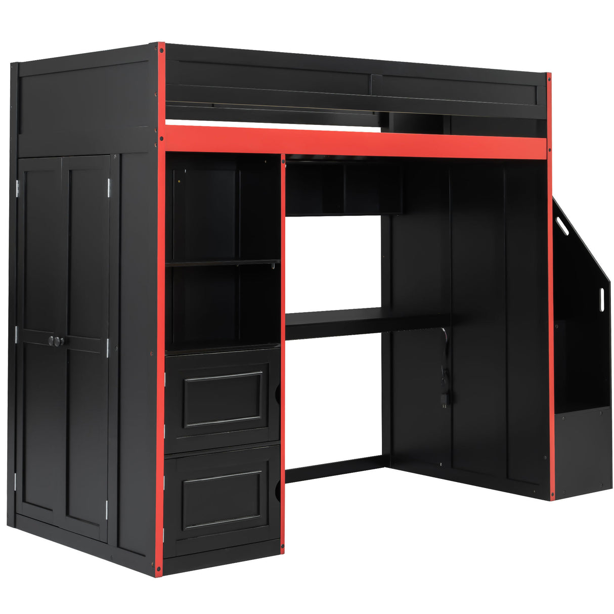 Gaming Loft Bed with Desk and Storage, LED Lights, Twin in Black Wood, 93''L x 40.9''W x 70.8''H