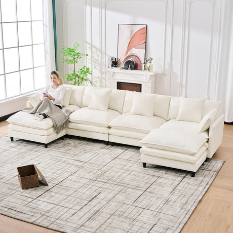 140.9-inch U-shaped modular sectional sofa, suitable for living room or bedroom. It comes with 2 movable ottomans, 4 cushions and 2 throw pillows. Made of soft cashmere fabric, in beige - sold by Home Elegance USA