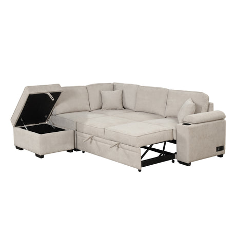 2 in 1 Sleeper Sofa Bed with Storage Ottoman, Beige Linen Upholstery, 84.75' L Shape Couch for Small Spaces - sold by Home Elegance USA