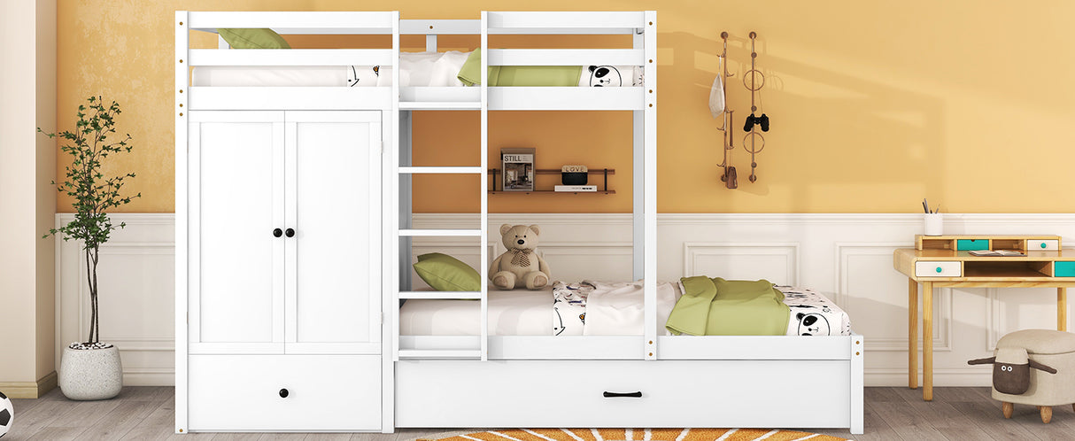 Twin-over-twin Bunk Bed with Wardrobe, Drawers and Shelves, White - Home Elegance USA