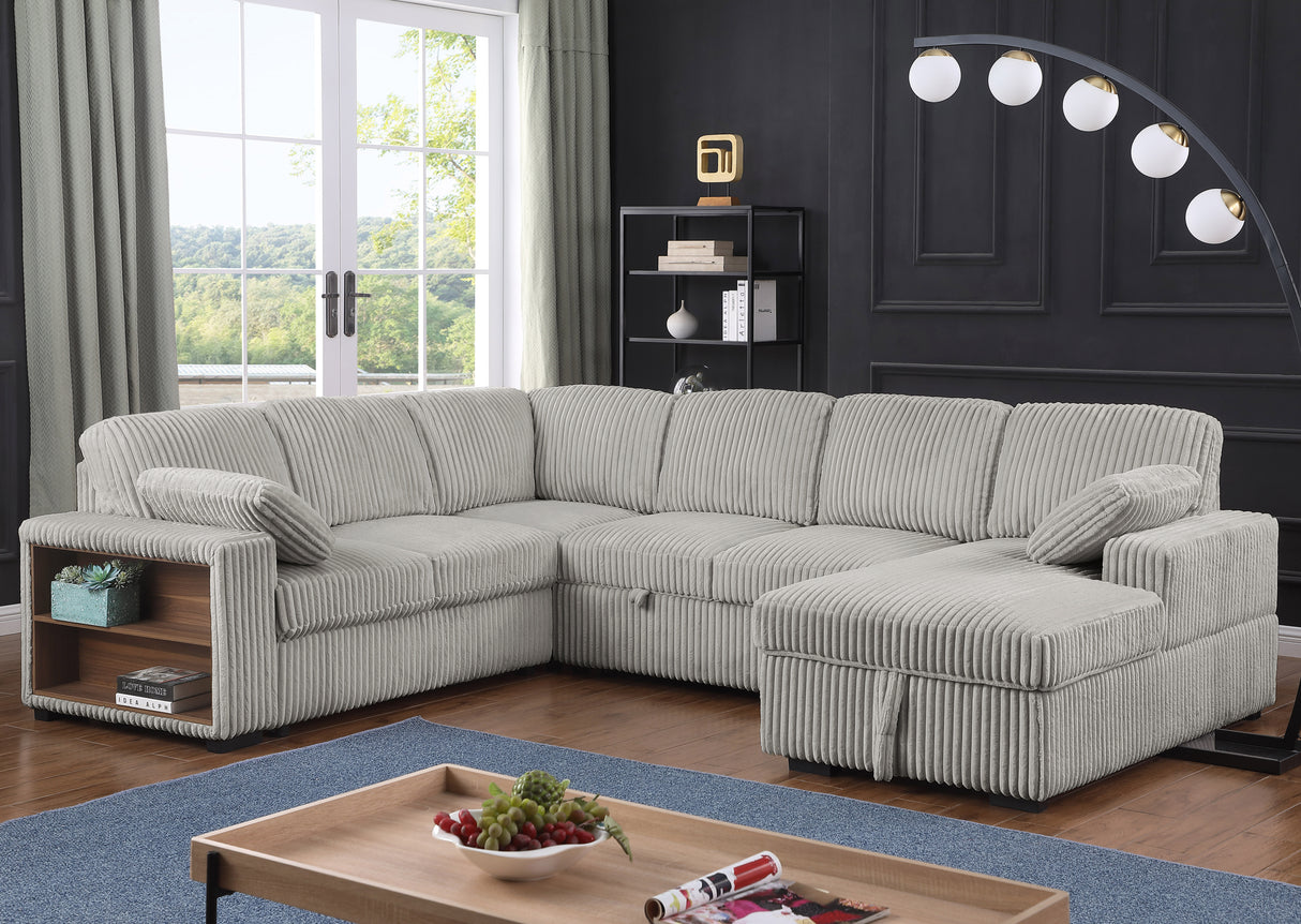 Sectional Sleeper Sofa with Pull Out Couch Bed Convertible Plush Corduroy Cloud Couch with Storage Chaise & Storage Armrests,Light Gray(Plush Corduroy Fabric)