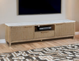 1pc Modern Luxury and Sleek Fluted Wood Facade Pristine White Faux Marble Top Brass-tone Accents Tapered Legs Tv Stand Media Console Natural Wood Finish