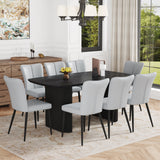 Table and chair set.67*35.4 inch black wood grain MDF dining table:a simple and luxurious choice.Paired with 8 Light Gray PU chairs with a vertical stripe design on the backrest and black metal legs.