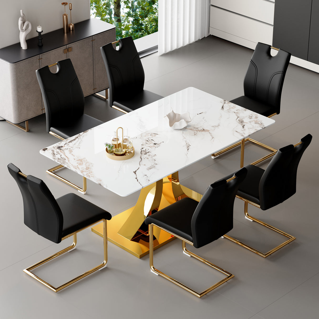 Juego de mesa de comedor y sillas de vidrio prensado con estampado de mármol y decoración dorada: mesa de comedor plegable de 63 pulgadas y 6 sillones en forma de U (negros) - estilo moderno y minimalista