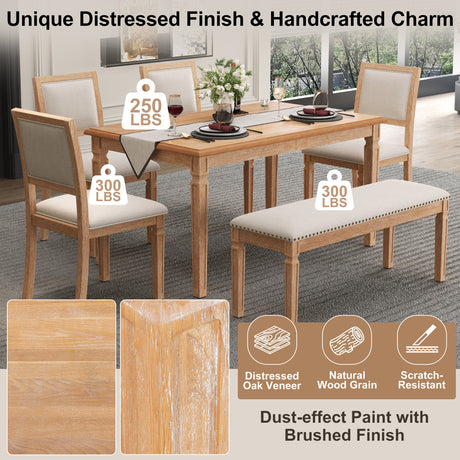 TREXM Vintage Extendable Dining Table Set for 6 with 4 Chairs & Bench, 59 to 72-Inch Rustic Farmhouse Kitchen Table Set with Distressed Finish and Retro Carved Legs (Natural Wood Wash) - sold by Home Elegance USA