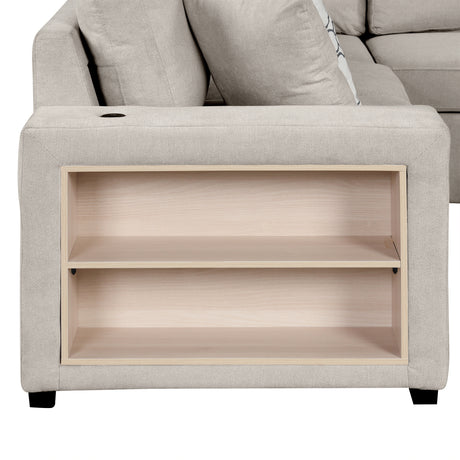 Beige Chenille U-Shaped Sectional Sofa with Pull-out Bed, USB Ports, Storage Chaise & Back Pillows - sold by Home Elegance USA