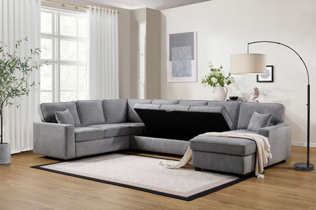 Samira 137'W Gray Chenille Sectional Sofa with Right-Facing Chaise, Underseat Storage, Throw Pillows - sold by Home Elegance USA