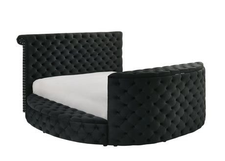 Luxurious Queen Size Bed Nightstand Set Deeply Tufted Headboard Nail Head Trim Upholstery Black Velvet Footboard Integrated Television Lift Mechanism Built-in Electric Fireplace Storage 3pc Set - sold by Home Elegance USA