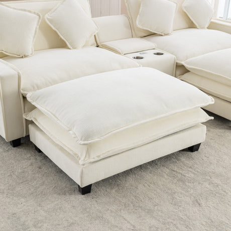 Chenille Upholstered Sectional Sofa with Removable Ottoman, USB Ports, Cup Holders, and Storage, Beige, 111' - sold by Home Elegance USA