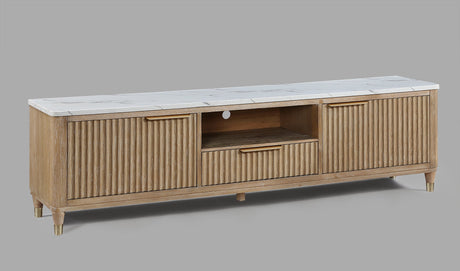 1pc Modern Luxury and Sleek Fluted Wood Facade Pristine White Faux Marble Top Brass-tone Accents Tapered Legs Tv Stand Media Console Natural Wood Finish - sold by Home Elegance USA