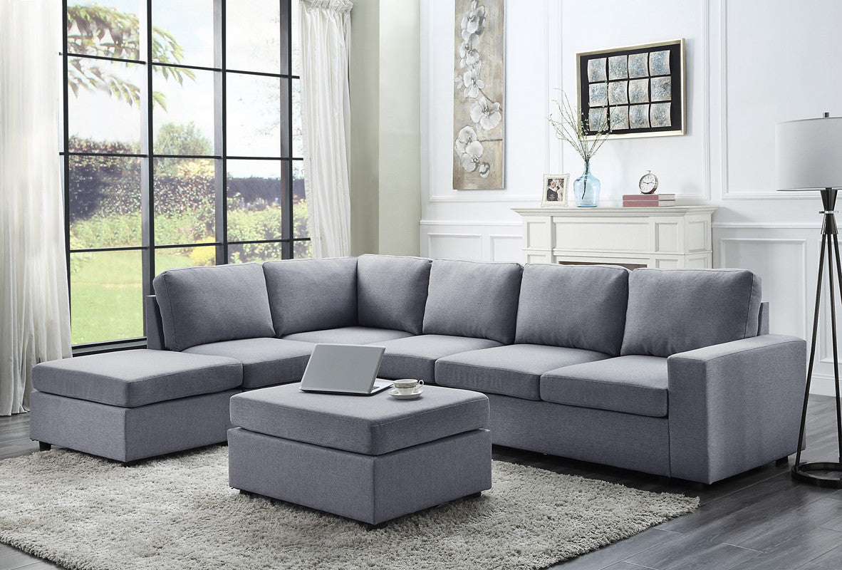 Cassia 120' Light Gray Linen 7 Seat Reversible Modular Sectional Sofa with Ottoman