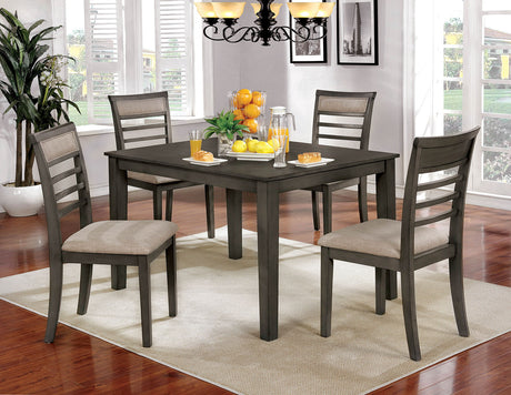 5 Pc Dining Table Set Weathered Gray Dining Chairs & Table Solid wood Beige Padded Fabric Cushions Slat Back Chair Dining Room Furniture - sold by Home Elegance USA