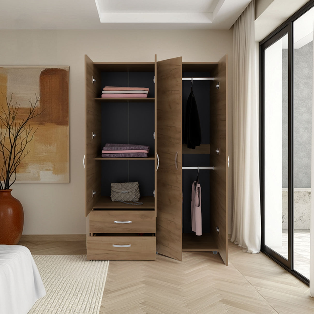 Armoire, 4 Doors, 2 Drawers, 3 Shelves, 70.9' H, Natural Oak  - Bedroom - sold by Home Elegance USA