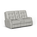 Devon Transitional Fabric Power Reclining Loveseat With Console, Power Headrests & Nailhead Trim | Flexsteel
