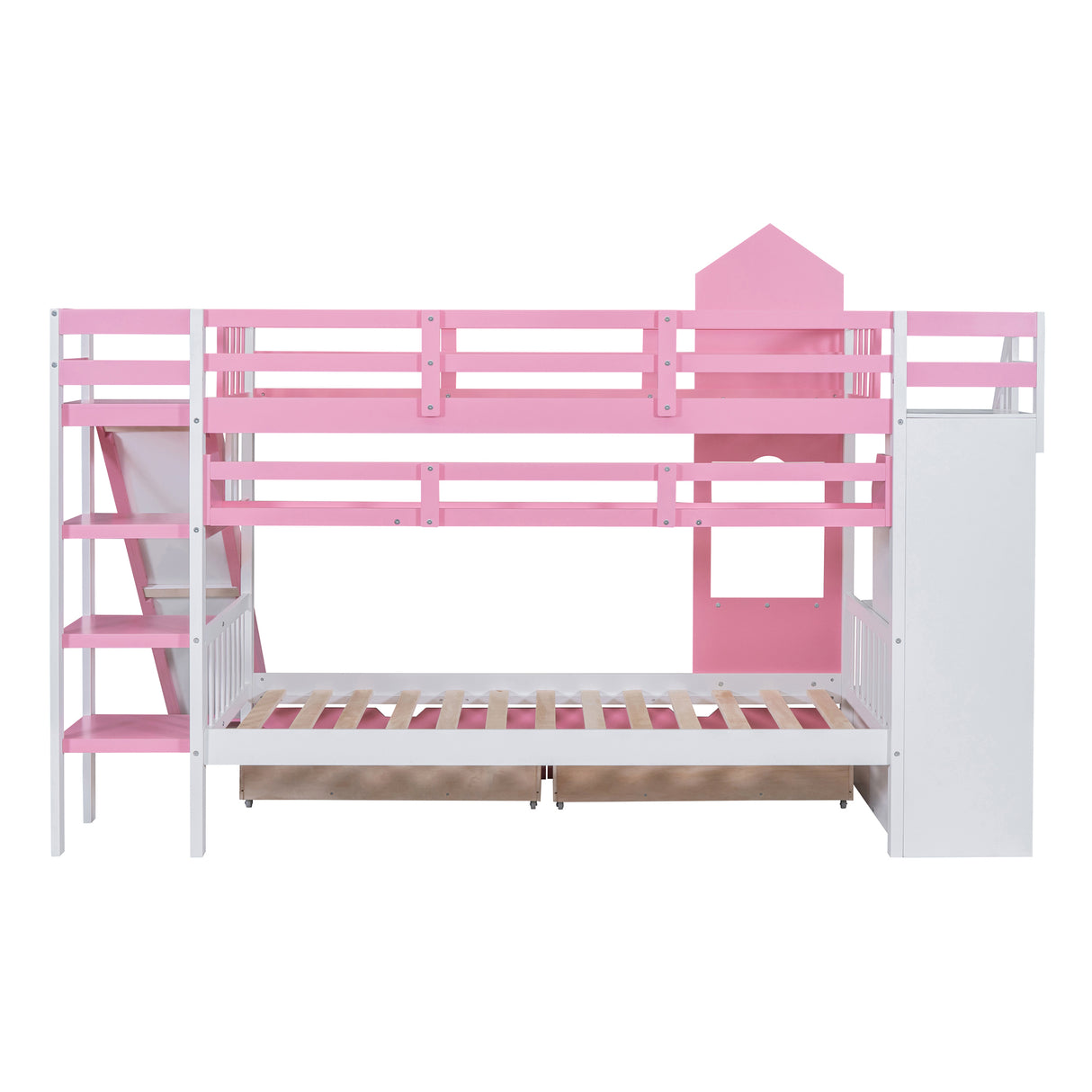 Twin-Over-Twin Castle Style Bunk Bed with 2 Drawers 3 Shelves and Slide - Pink - Home Elegance USA