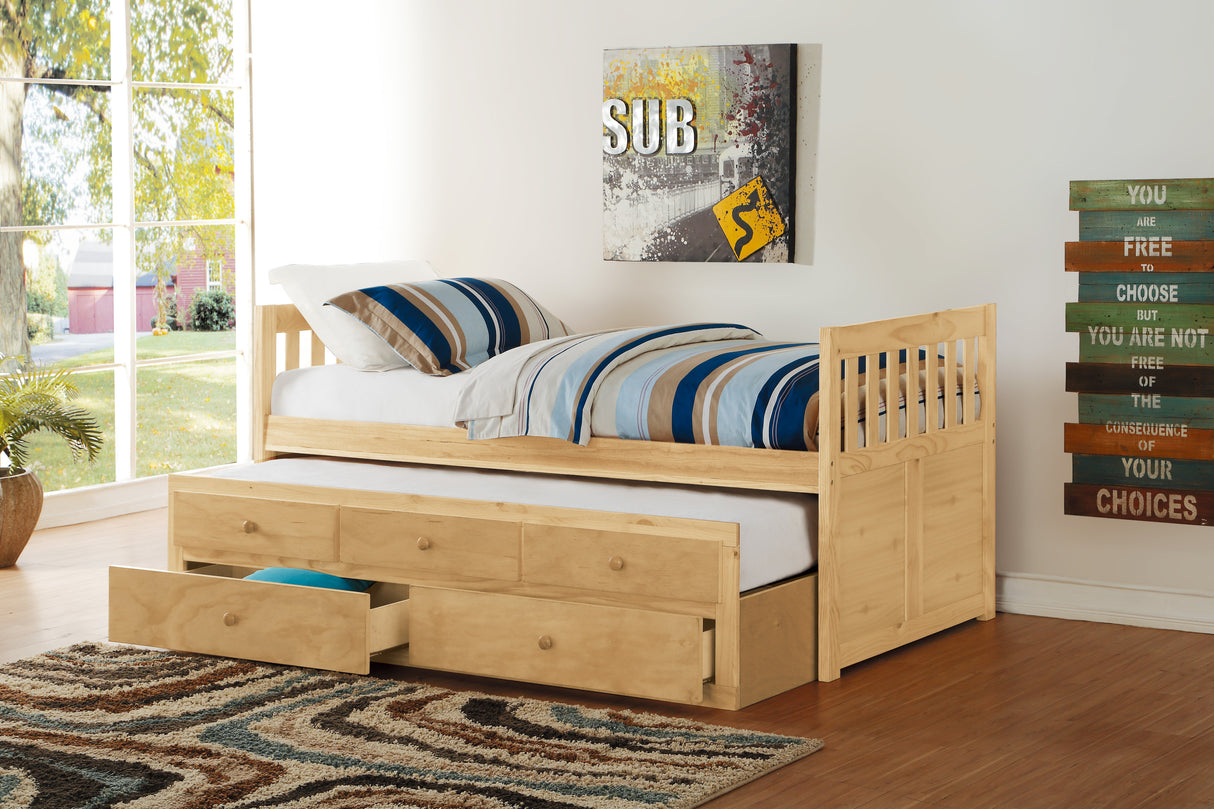 Twin/Twin Trundle Bed with Storage Drawers Natural Pine Finish Wooden Bedroom Furniture 1pc Captain Bed