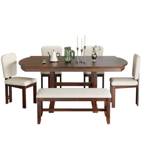 TOPMAX 6 Pieces 78inch Extendable Wood Dining Table Set with Bench, Traditional Kitchen Table Set with 18inch Removable Leaf and 4 Upholstered Dining Chairs, Espresso+Beige - sold by Home Elegance USA