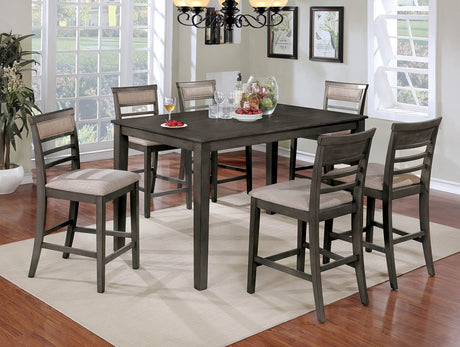 7pc Counter Height Dining Table Set 1x Table 6x Chairs Transitional Style Weathered Gray And Beige Finish Padded Cushion Slat Back Chairs - sold by Home Elegance USA
