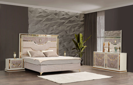 Omari Modern Style 4 Pc King Upholstered Bedroom Set Made with Wood and Gold Accents in Beige